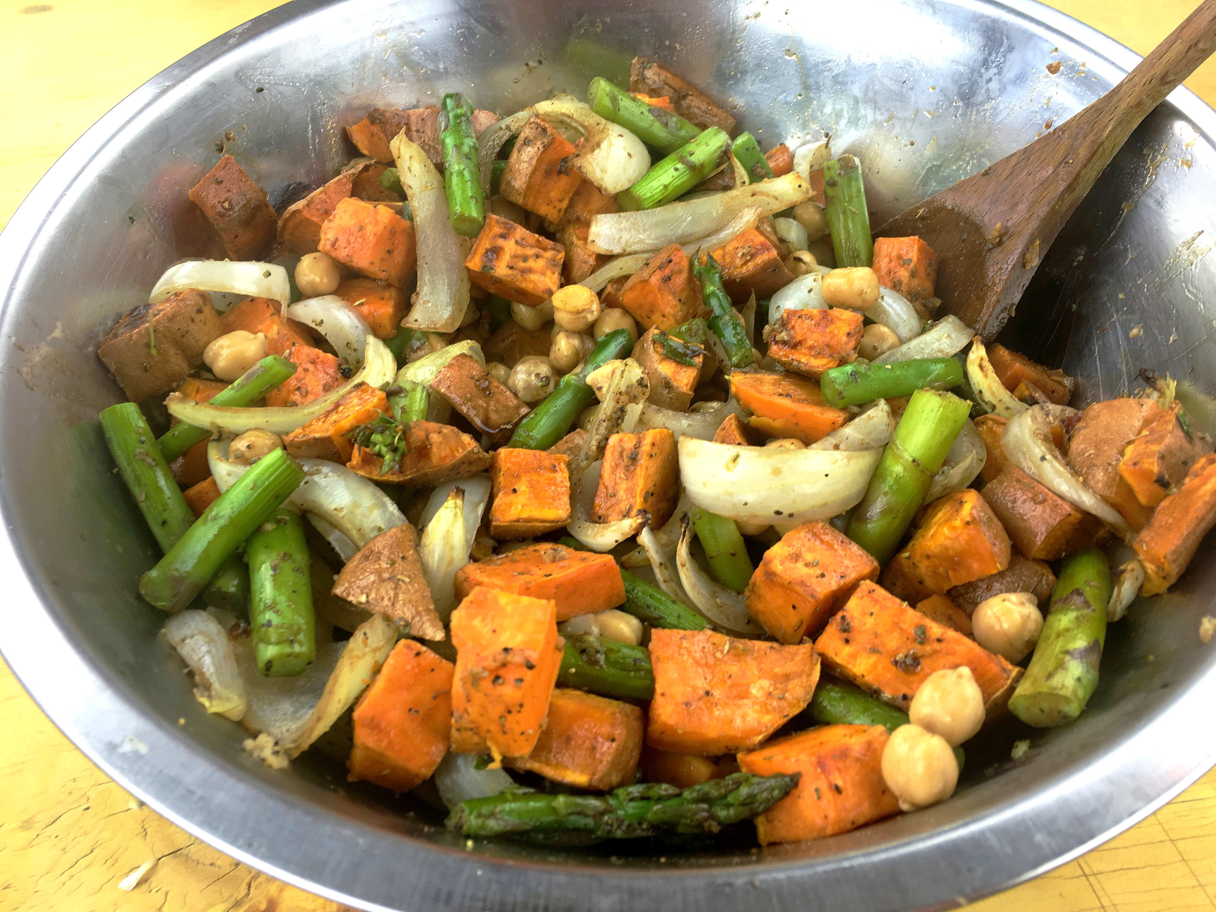 Roasted Sweet Potato, Asparagus, and Chickpeas