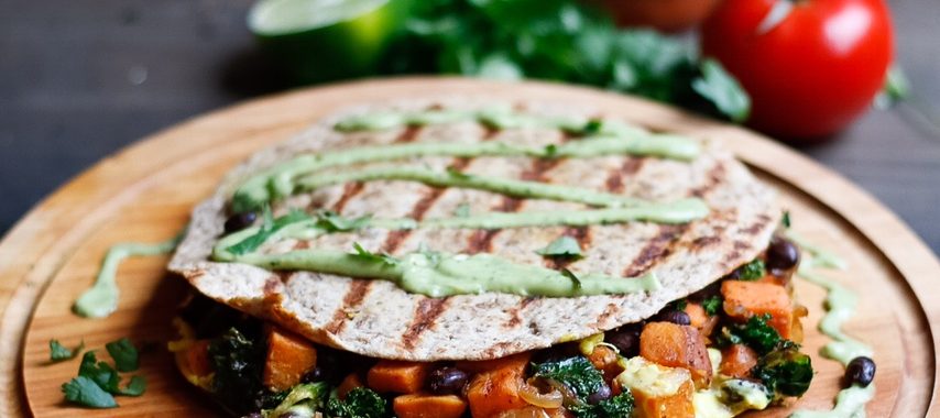 Sweet Potato Quesadilla with Kale and Caramelized Onions