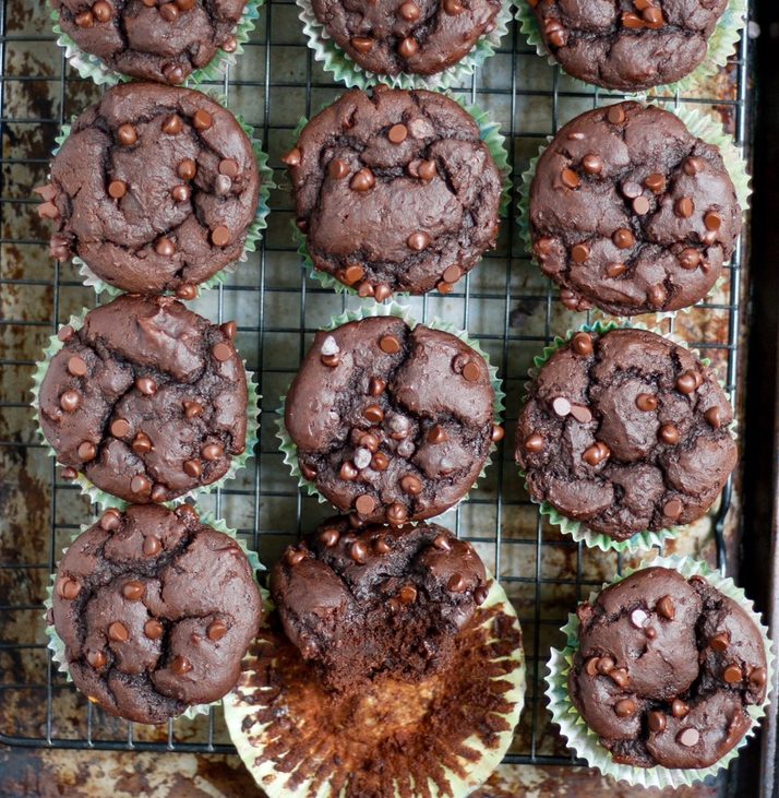 vegan double chocolate sweet potato muffins, vegan double chocolate chip sweet potato muffins, double chocolate chip muffins, sweet potato muffins, vegan sweet potato muffins, double chocolate chip
