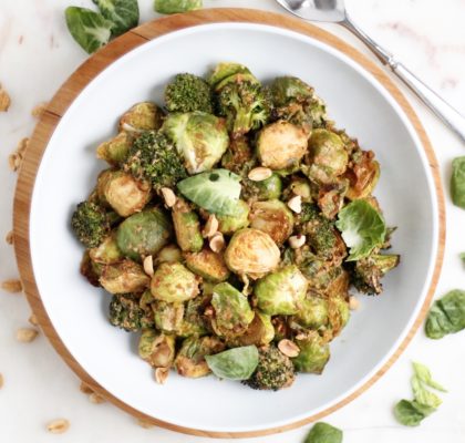 roasted peanut brussel sprouts, roasted brussel sprouts, peanut sauce, peanut veggies, brussel sprouts, peanut butter brussel sprouts